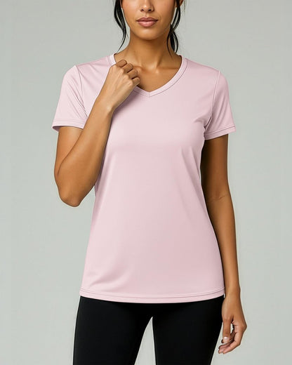 Real Essentials 5 Pack: Women's Dry-Fit Short Sleeve V Neck T Shirt Workout Fitness Yoga Top Tee, Set 6, S