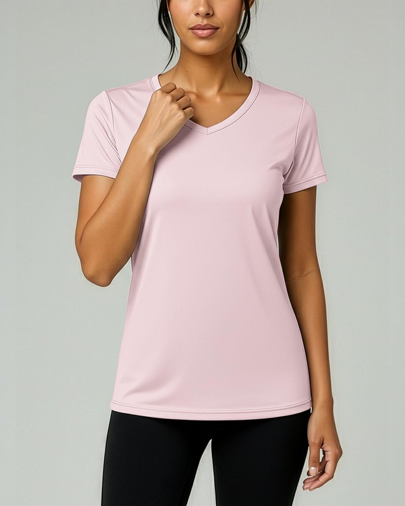 Real Essentials 5 Pack: Women's Dry-Fit Short Sleeve V Neck T Shirt Workout Fitness Yoga Top Tee (Available in Plus Size), Set 1, 1X