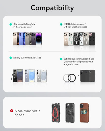 ESR for MagSafe Car Mount, Magnetic Phone Holder for Car Air Vent, Car Phone Holder Mount for iPhone 17/16/16e/15/14/13/12/Samsung, All Smartphones(2 Metal Rings Included),Charging Not Supported