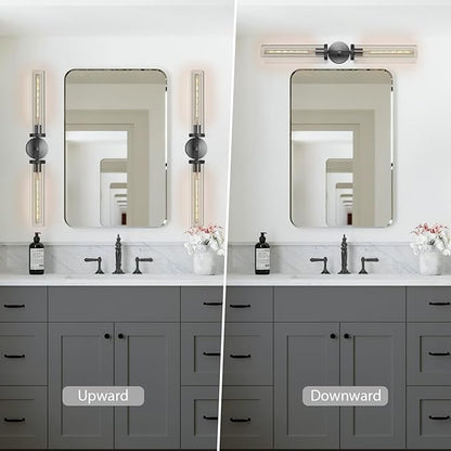 Black Wall Sconces Set of Two, 30" Modern Wall Lighting, Double Lights with Clear Glass Tubes, Knurled Vanity Light for Bathroom, Living Room, Bedroom, Hardwired (Including Bulb)