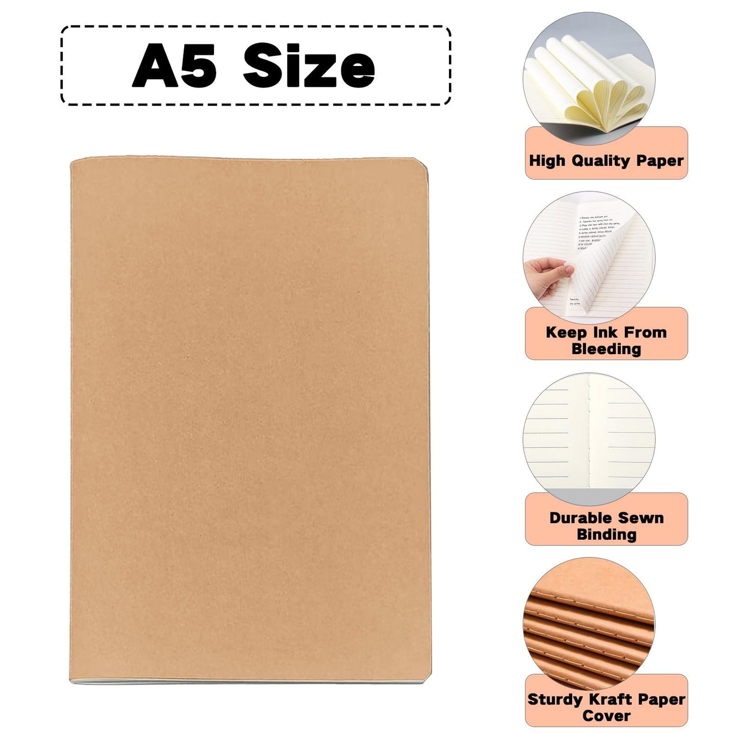 TAZQINCO 10 Packs A5 Lined Kraft Notebooks Bulk, 80GSM Thick Paper 36 Sheets 72 Pages (Upgraded From 30 Sheets 60 Pages), 8.15x5.5in Size, Journaling Notebooks, Kraft Soft Cover Composition Notepad, Ruled Subject Notebooks, Travel Diary, Journals Memo, Fo