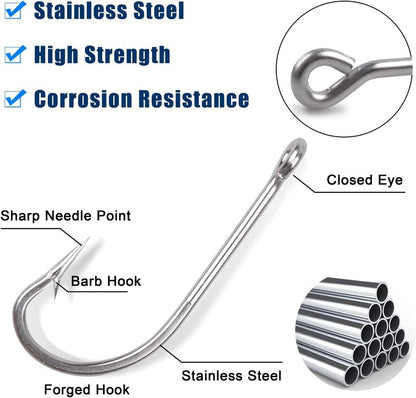 Saltwater Fishing J Hooks - O'Shaughnessy Forged Stainless Steel for Trolling | Size 1/0-10/0