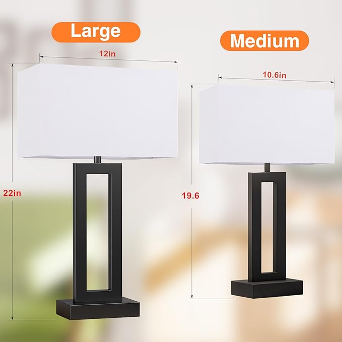22" Tall Modern Living Room Lamps - Touch Bedside Lamps with USB C+A, 3 Way Dimmable for Bedroom End Tables Set of 2 (White & Black)