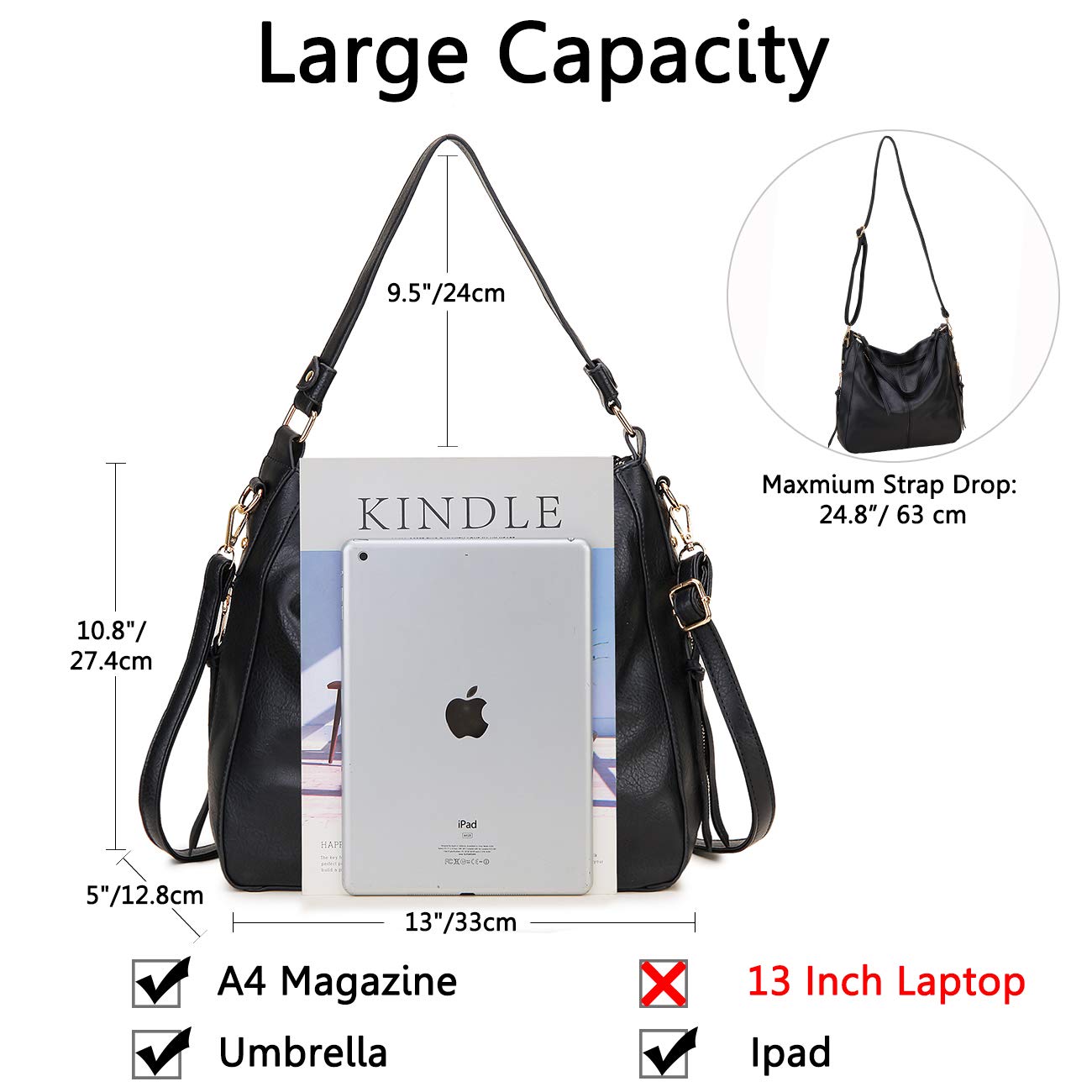 Hobo Bags for Women,VONXURY Faux Leather Tote Purse Ladies Handbag Large Shoulder Bags with Side Pockets for Work Travel,Black