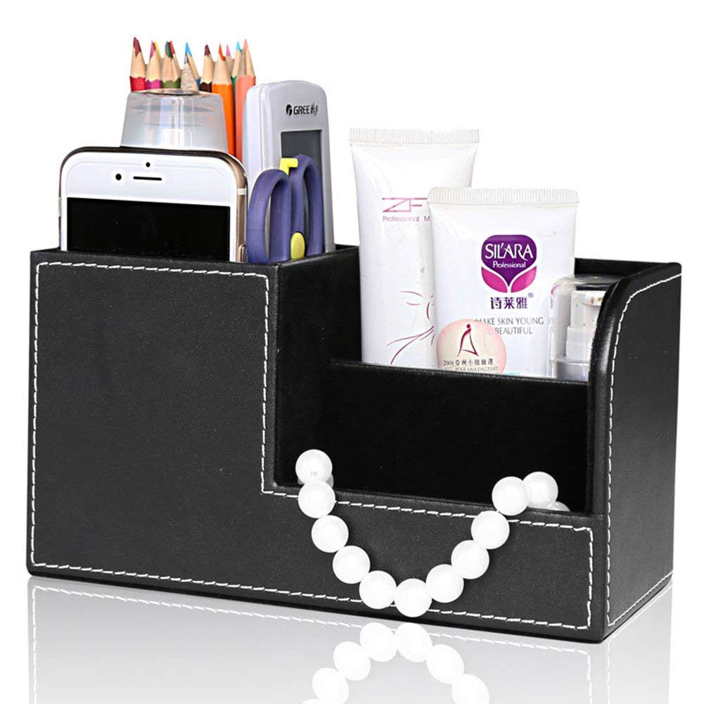 KINGFOM Desk Organizer Office Supplies Caddy Pu Leather Multi-function Storage Box Pen/Pencil,Cell phone, Business Name Cards Remote Control Holder Black
