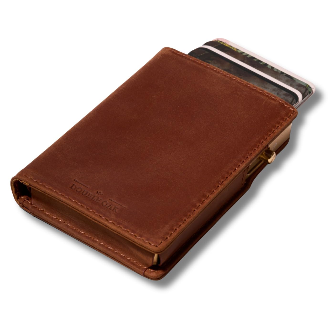 Double Oak Essentials Pop-Up Cardholder - RFID Blocking Minimalist Leather Wallet for Men - Slim Design, Top-Grain Leather, Holds Cards & Cash (Brown w/Gold Cardholder)