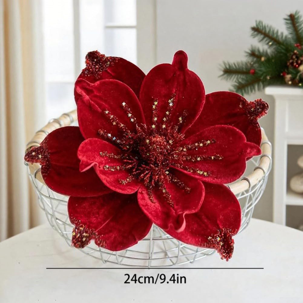 Christmas Tree Magnolia Picks with Artificial Magnolia Flowers, Fabric Ornaments to Create Festive Holiday Decor (Red)