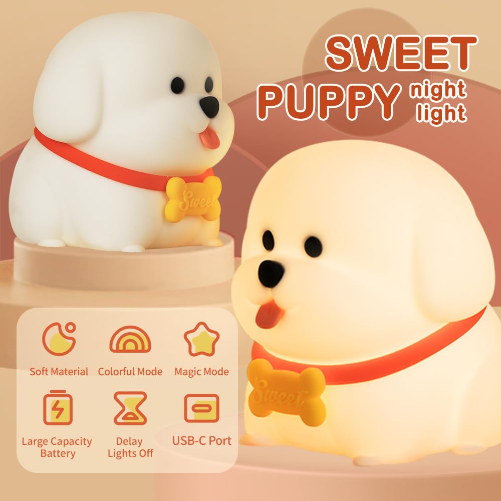 Wonderboy Puppy Night Light, 3000K Warm Light, RGB Color Mode, Adjustable Brightness, 15-Min Auto Off, Silicone, White