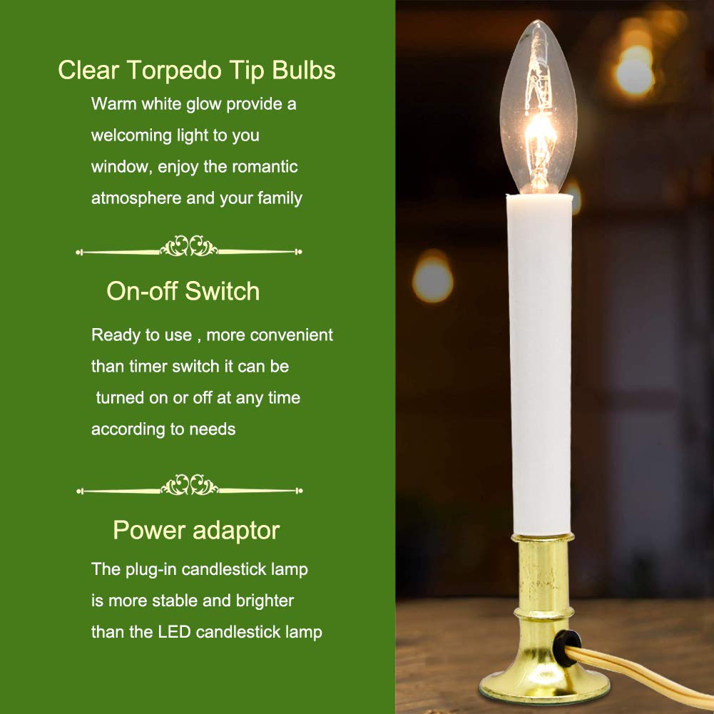 4 Pack Christmas Electric Window Candles Lamps with Gold Plated Base, Christmas Window Candles with 7 Watt C26 Clear Bulbs, Plug in Window Candle Lights for Wedding Home Church Decor, On/Off Switch