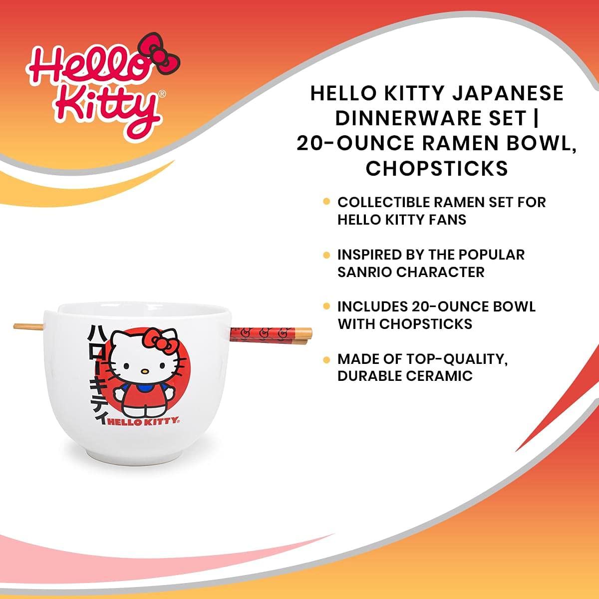 Silver Buffalo Sanrio Hello Kitty Japanese Ceramic Ramen Noodle Rice Bowl with Chopsticks, Microwave Safe, 20 Ounces