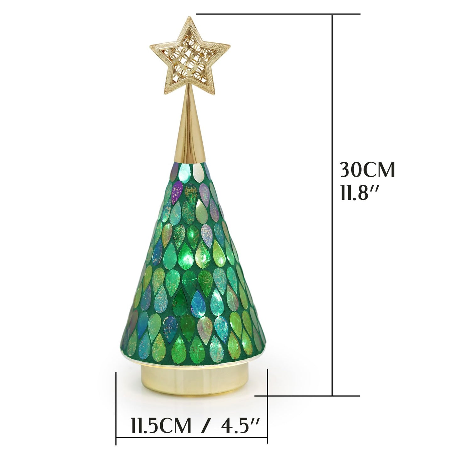 Green Glass Tabletop Christmas Trees, 3 PCS Handmade Mosaic Glass Small Christmas Trees with Light, Battery Operated Xmas Tree for Bedroom Decor 11"