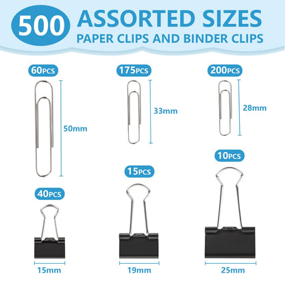 500PCS Paper Clips and Binder Clips Assorted Sizes,3 Sizes in One Pack, Large, Medium, Small,Silver PaperClips & Black Binder Clips for Home, School, Office Supplies