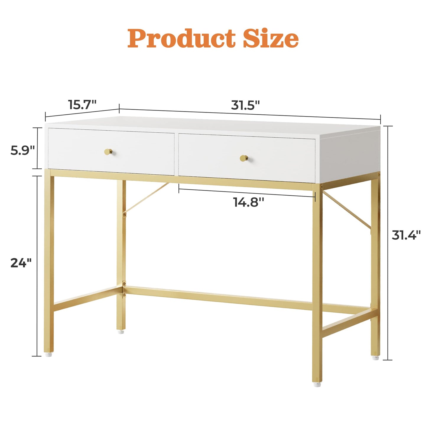 SUPERJARE 31.5" White and Gold Desk with 2 Drawers, Modern Vanity Desk, Small Makeup Table for Home Office Writing Study Bedroom