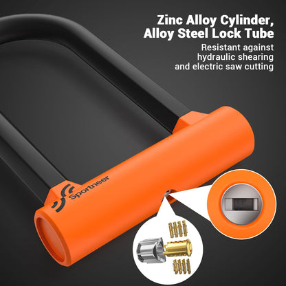Sportneer Bike U Lock - Heavy Duty Anti Theft Bike Lock with 5ft Security Steel Cable - 17mm Shackle Bicycle U-Locks with Keys & Sturdy Mounting Bracket for Road, Mountain, Electric Bike - Orange