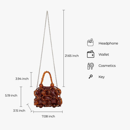 frrbuu Women's brown leather shoulder bag with amber bead decoration, Bohemian women's crossbody bag, cute little handbag (brown)