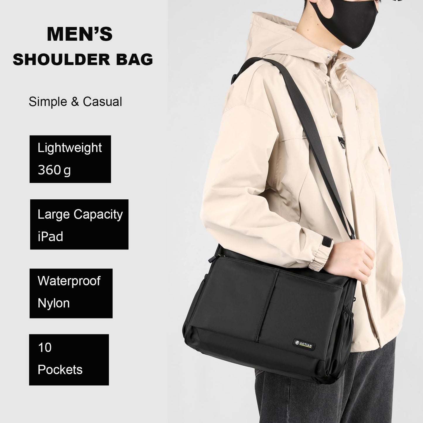 natyrlpog Men's Shoulder Bag Messenger Bag Nylon Waterproof Lightweight Casual Black Crossbody Bag for Work Travel Outdoor