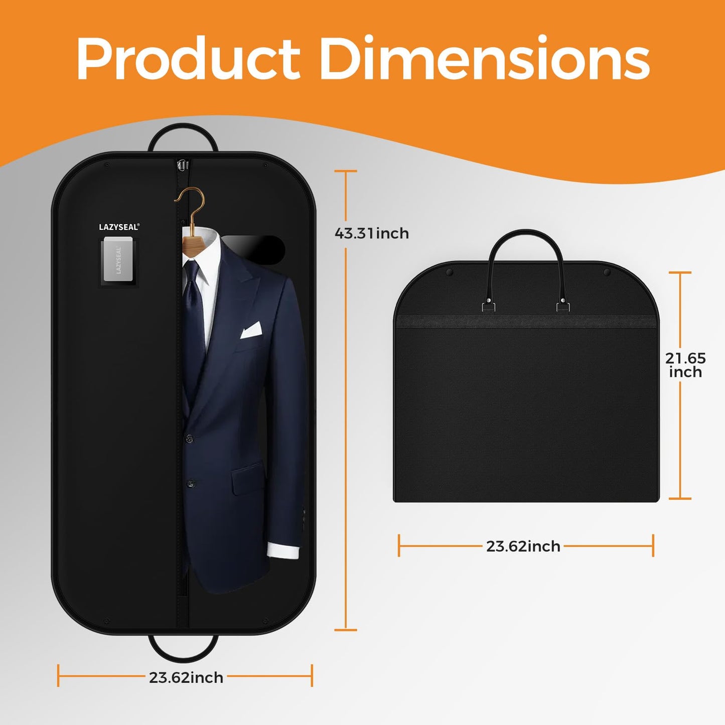 LAZYSEAL 2 Pack 43" Garment Bag for Suit Closet Storage, Tear-Resistant Waterproof Dustproof, Suit Bag for Hanging Clothes with Zippers, Durable 600D Oxford Fabric for Suits, Dresses