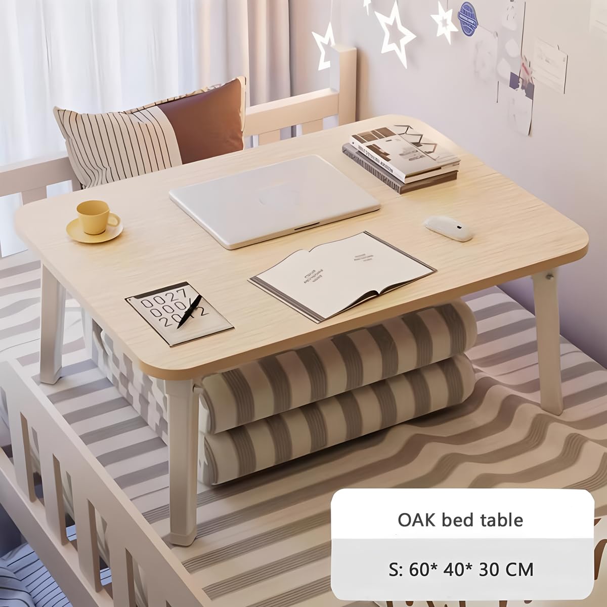 LKBBC Foldable Laptop Desk for Bed, Bed Laptop Table, Foldable Portable Lap Bed Tray, 23.6 Inch Floor Table for Drawing, Reading and Writing, Oak