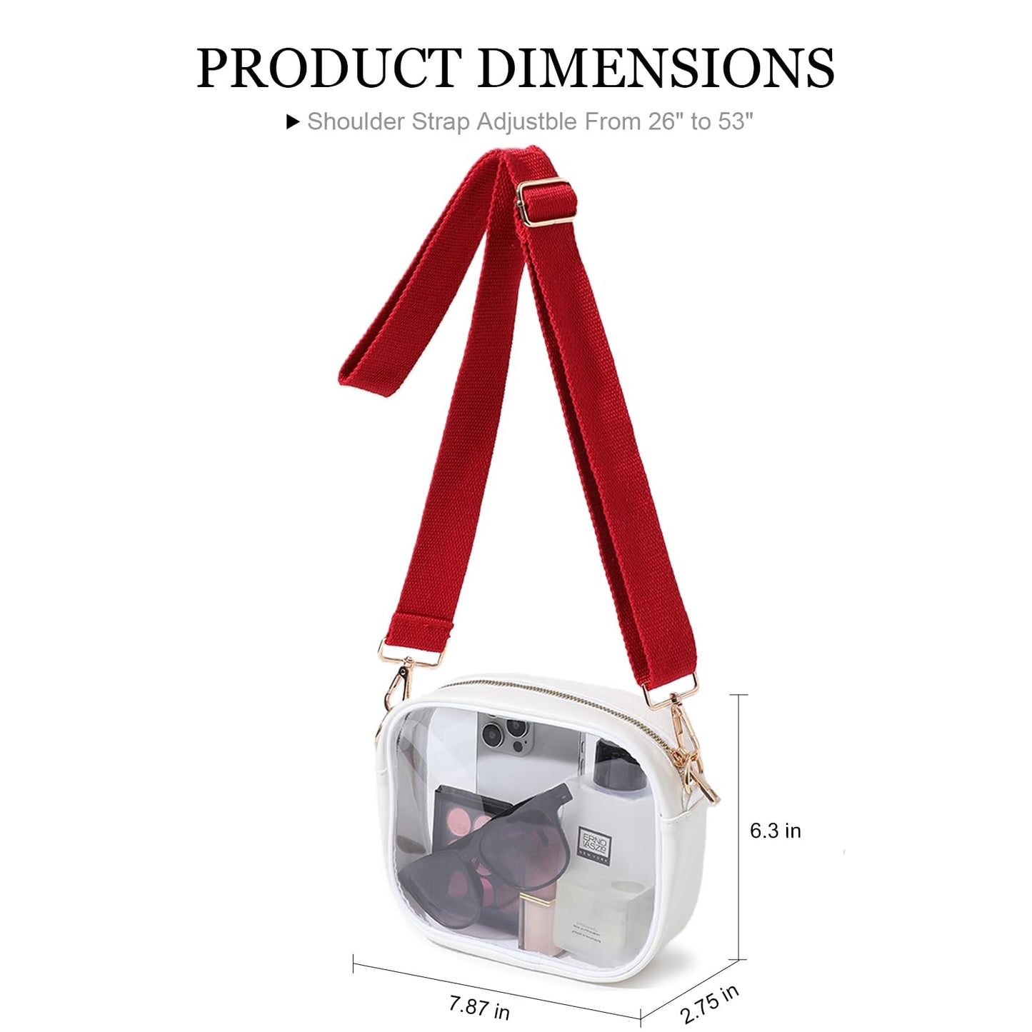 TOBVZOO Clear Purse Crossbody Bag for Women Stadium Approved, Small Leather Clear Bag with Adjustable Strap for Concert Sports Events (White - Red Striped Strap)