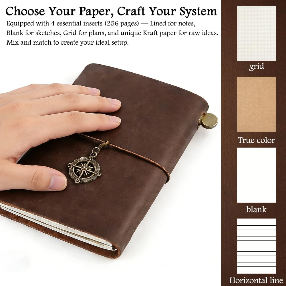 Leather Journal Refillable Notebook Travel Journal Notebook Travel Diary Handmade Passport Travelers Journal with ih 3 Notebook Inserts Pen Holder, Binder Clip for Men and Women Inserts Pen Holder, Binder Clip for Men and Women