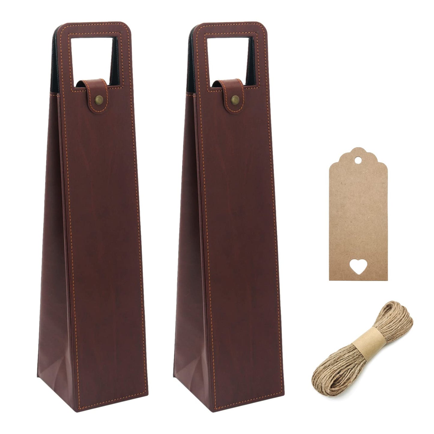 DIWNELEM 2 Pack Leather Wine Bag - Gift Bags for Wine, Champagne, Beer Bottles - Tote Carrier for Travel, Parties - Brown