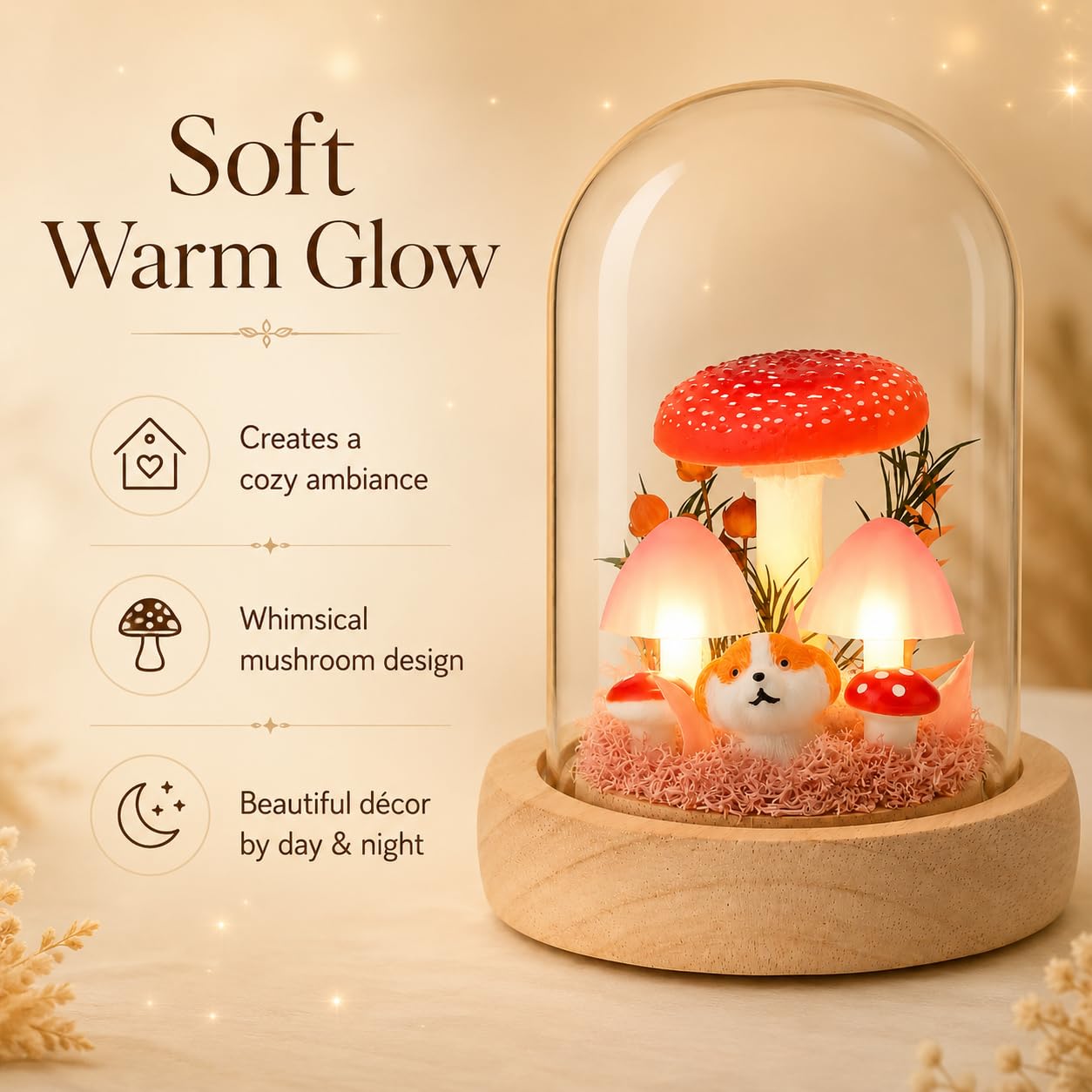 QUELIEN Mushroom Lamp in Glass Dome,Mushroom Gifts for Women - Warm White LED Night Light for Bedroom Decor,Birthday Party Decorations,Ideal Birthday Gift Valentines Gift