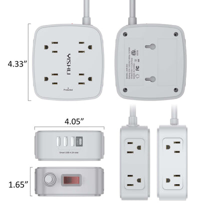 10 Ft Surge Protector Power Strip - 8 Widely Outlets with 4 USB Ports, 3 Side Outlet Extender with 10 Feet Extension Cord, Flat Plug, Wall Mount, Desk USB Charging Station, ETL, Grey
