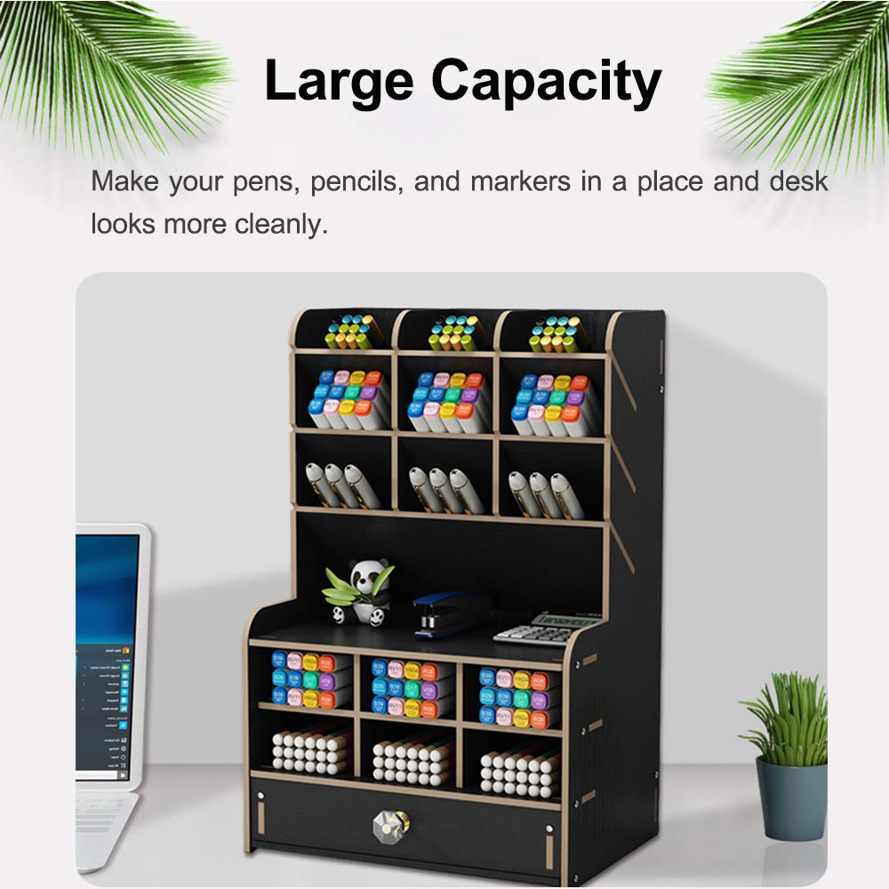 Wooden Desk Organizer with Drawer, Large Capacity DIY Pen Holder Storage Box Desktop Stationary Storage Rack, Pen Organizer Caddies for Office, Home and School Supplies (B16-Black)