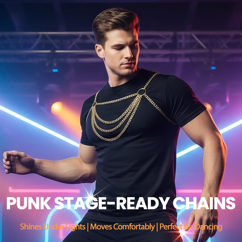 RTeczSolve Men's Chest Harness Chain Costume, Body Harness Belt for Men, Male Chest Harness Fashion Uniform for Cosplay Party (Gold)
