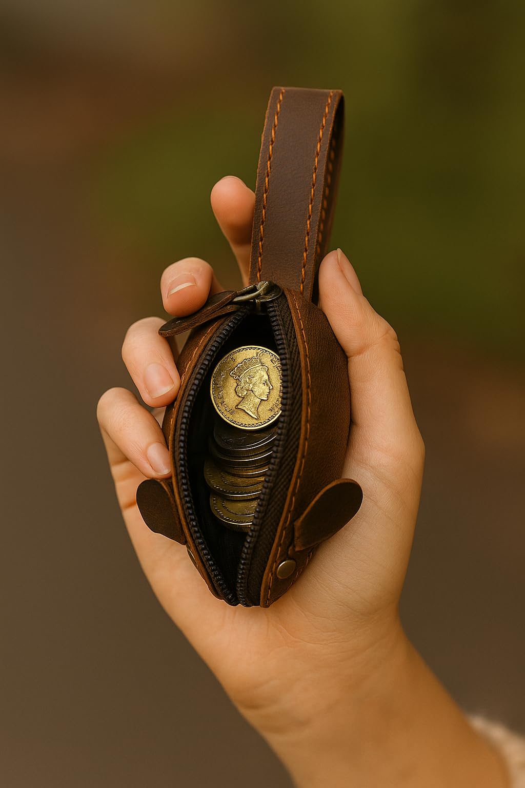PavinCrafter Leather Rat Coin Purse – Handmade Full Grain Leather Change Holder with Zipper, Compact Cute Animal Design for Coins, Keys, Jewelry & Small Essentials (Dark Brown)