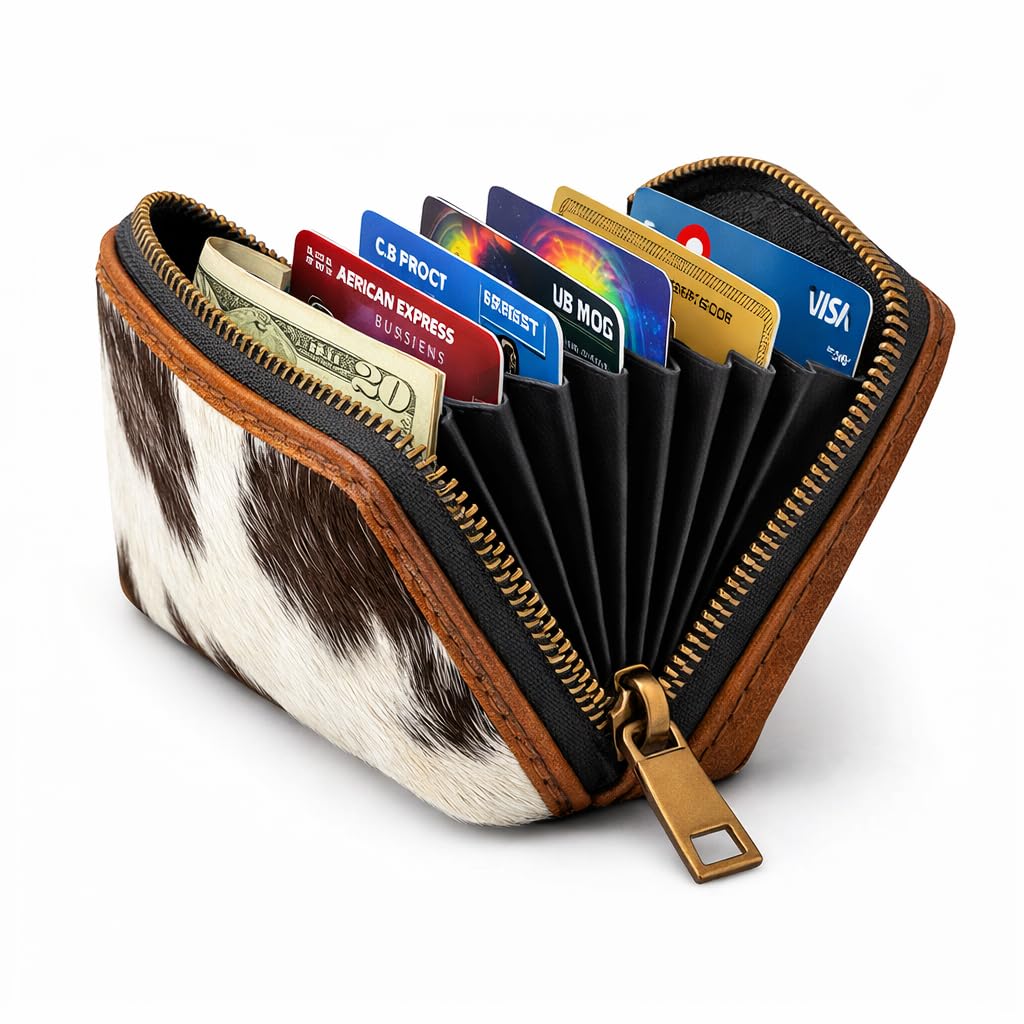 ESS Cowhide Leather Hair-On Wallet Women Small Zip Accordion Card Holder RFID Compact Organizer with Coin Pocket Secure Zipper Stylish Gift Pouch Minimal Everyday Carry