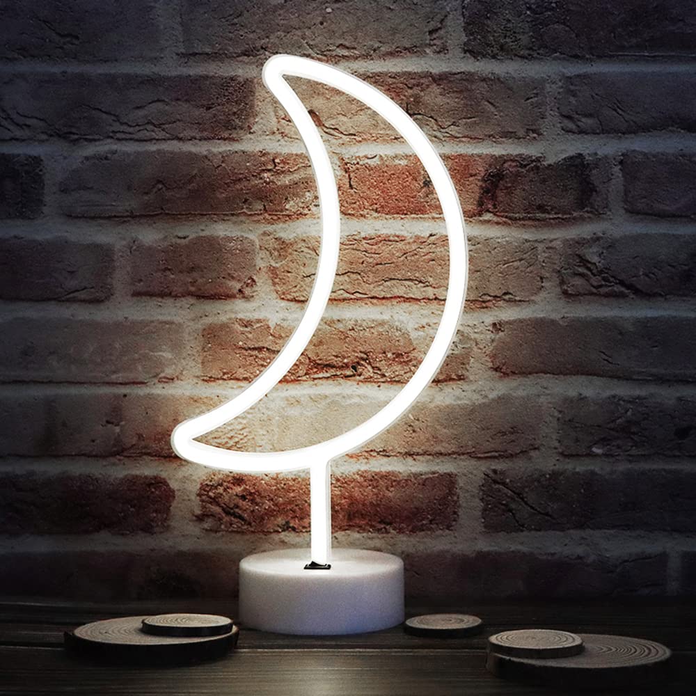 Vicila Neon Moon Lights - LED Moon Decor Neon Signs Art Decorations Crescent Night Lights Lamp for Party Supplies, Children Kids Girls Gift - Moon with Holder Base (White)