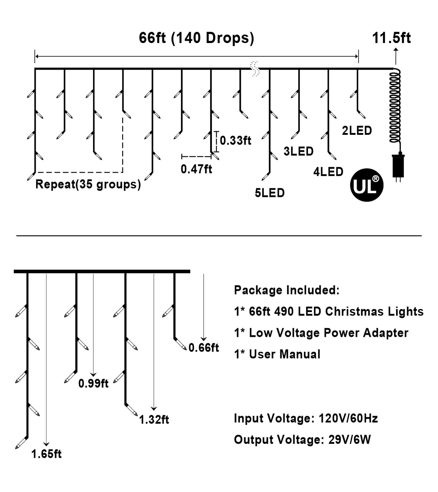 YHBJKCZ 66FT LED Christmas Lights with 140 Drops, Outdoor Hanging Lights 490 LED 8 Modes, Outsite Fairy String Lights for Wedding Party Holiday Cool White