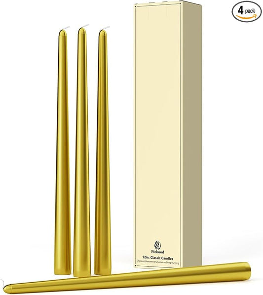 12-Inch Tall Dripless Taper Candles Set of 4 - Gold Tapered Candles, Perfect for Wedding,Christmas - Smokeless, Unscented, Long Burning - Hand Poured, Colored Tall Candlesticks - doradas