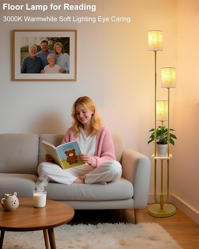 Lightdot Dimmable Floor Lamp for Living Room 3-Light Candle Holder Style Modern Floor Lamps with Table&Linen Beige Shade 3000K Warmwhite Gold Standing Lamp for Bedroom (Bulbs Included)
