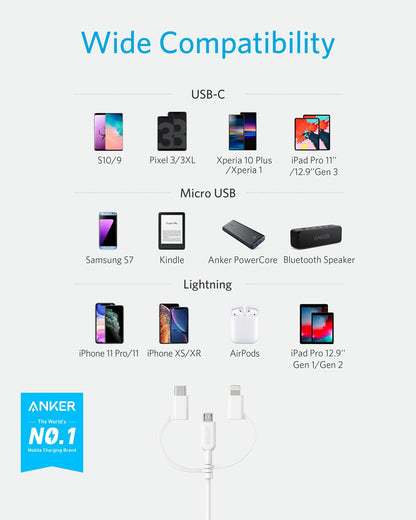 Anker Powerline II 3-in-1 Cable, Lightning/Type C/Micro USB Cable for iPhone, iPad, Huawei, HTC, LG, Samsung Galaxy, Sony Xperia, Android Smartphones, iPad Pro 2018 and More(3ft, Black)