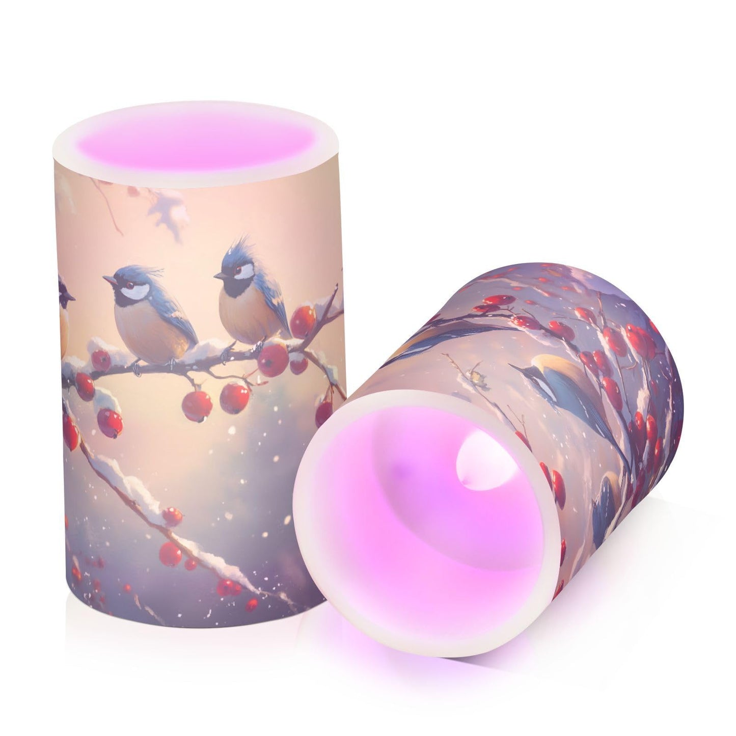 ALAZA Christmas Winter Birds Cherry Flickering Flameless Candles Battery Operated with Remote Timer,Tea Light Candles LED Pillar Votive Candles Set of 2 for Outdoor Indoor Decorations