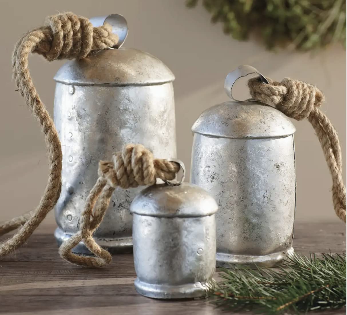 Christmas Cow Bells Harmony Giant Vintage Silver Wall Hanging Bells Country Style Rustic Set of 3 (4", 5", 8")