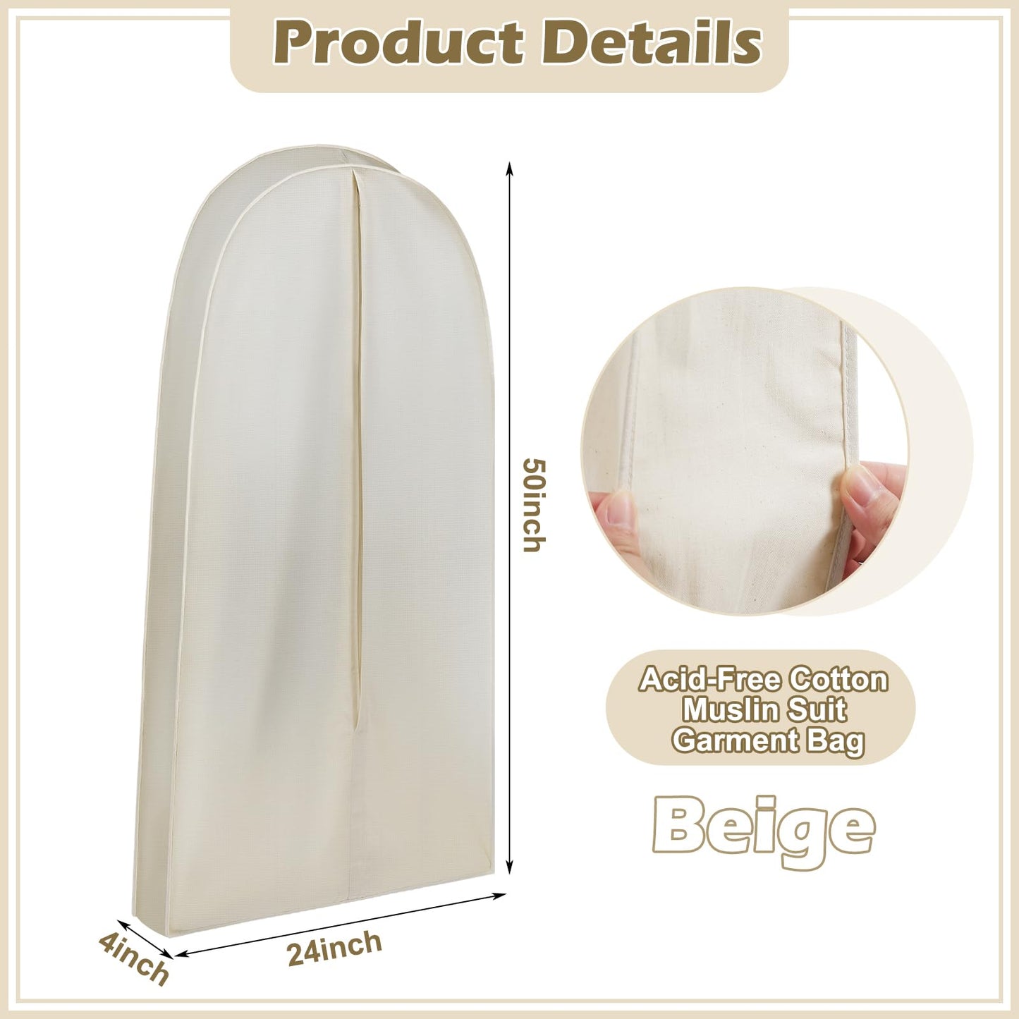 GliCraft 50 Inch Acid Free Cotton Muslin Suit Garment Bag Long Dress Suit Storage Box Closet Organizer for Suits, Coats, Travel Bag
