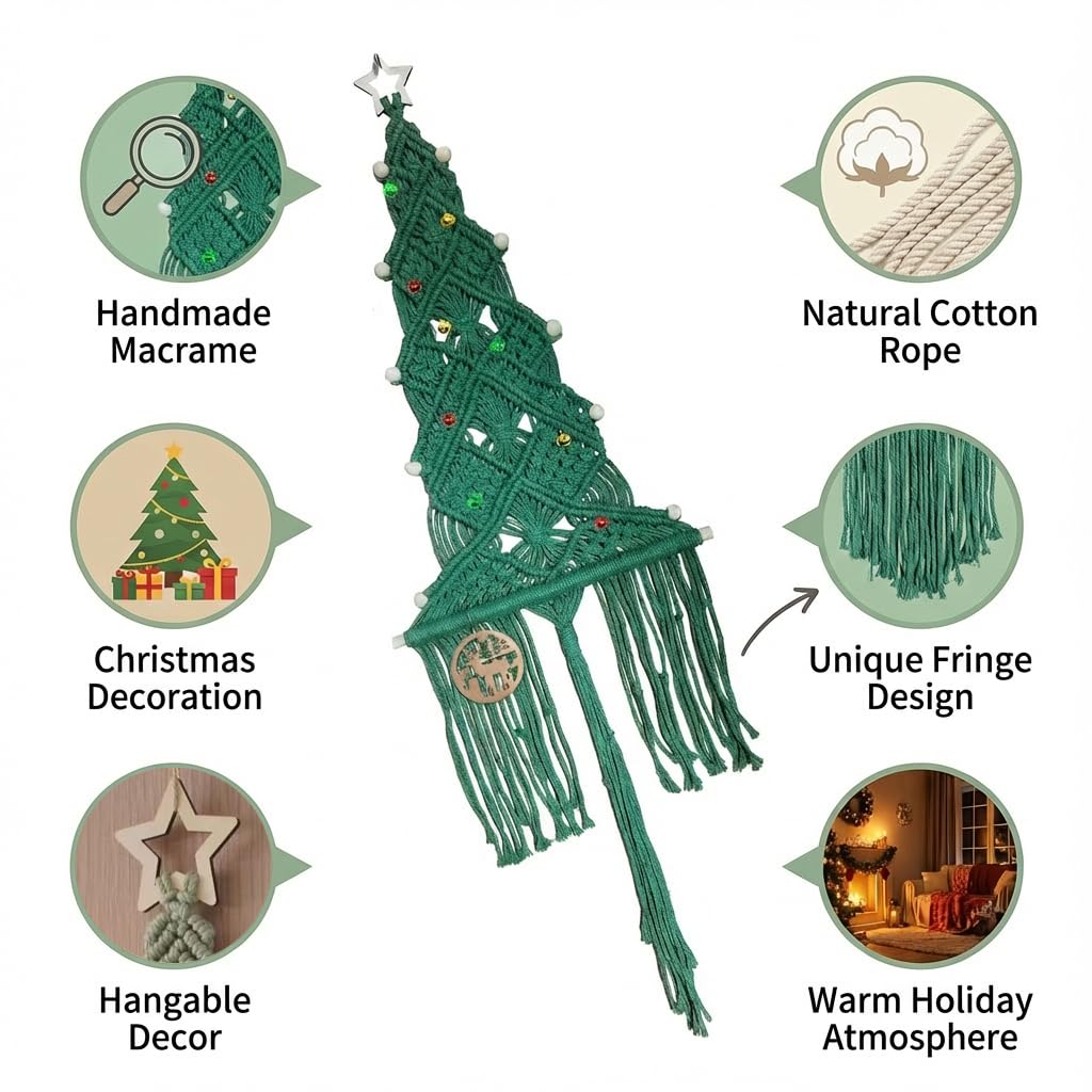 beausougon Large Macrame Christmas Tree Wall Hanging, Boho Holiday Tapestry, Unique Xmas Tree, Wall Art Decor for Living Room, Bedroom, Holiday Presents