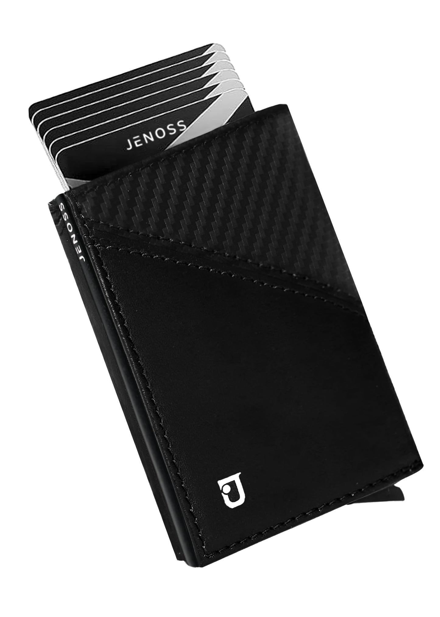 Jenoss Smart Wallet For Men: Full Grain Leather, Handcrafted, Slide Metal Pop Up Case, Slim RFID Blocking Credit Card Holder, Minimalist Compact 12 Cards Slot Organizers ID Money Clip (Black & Carbon)