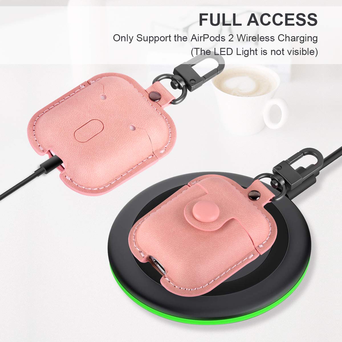 Maxjoy for AirPods 1/2 Case, Premium Leather Protective Cover for AirPods 1st & 2nd Generation with Keychain, Ear Hooks, Anti-Lost Strap and Watch Band Holder, Pink