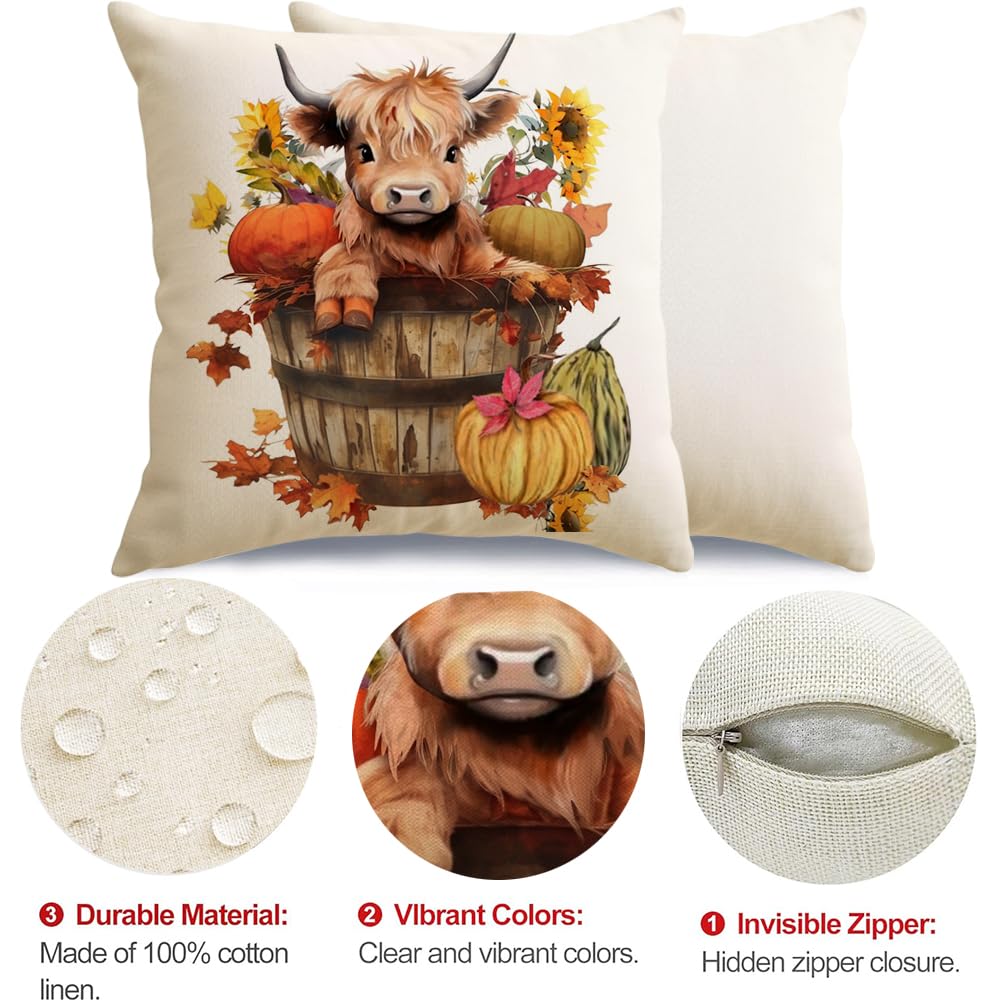 RABUSOFA Fall Outdoor Pillow Covers 18x18 Inch Waterproof Set of 2 Autumn Highland Cow Sunflower Farmhouse Decorations for Home Thanksgiving Pumpkin Decor Decorative Throw Pillow Cases for Patio Couch