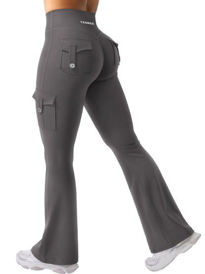 YEOREO CoreFlex Women Workout Flare Leggings with Pockets Hidden Scrunch High Waisted Cargo Gym Yoga No Front Seam Leggings Dark Grey M