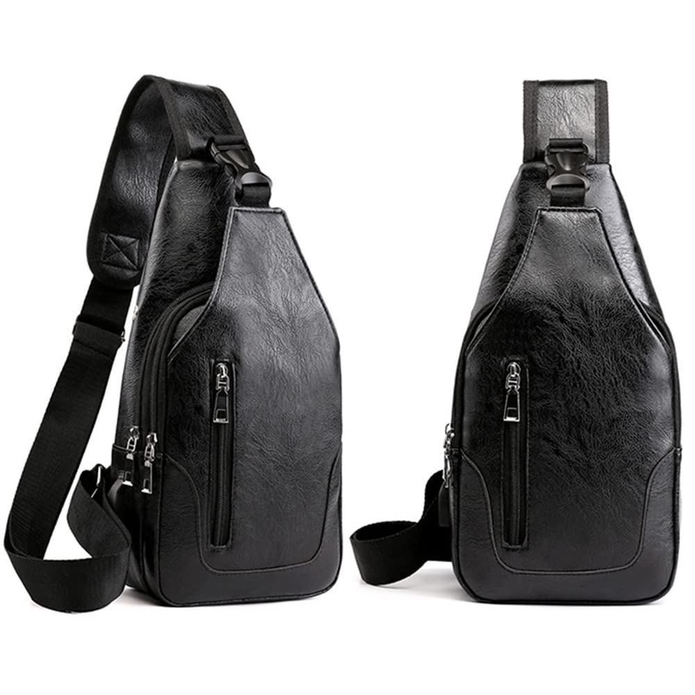 Peicees Leather Sling Bag Mens Crossbody Chest Bag Sling Backpack for Men with USB Charge Port