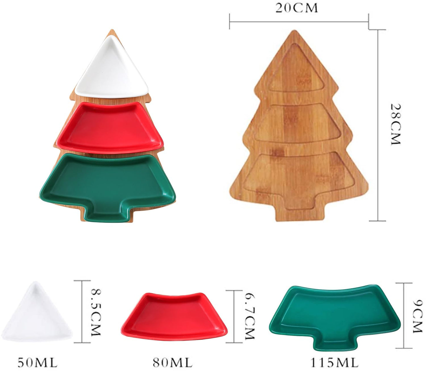 Colorful Christmas Tree Plate Chip & Dip Set, 12'' Ceramic Snack Plate with Bamboo Tray, Removable Porcelain Christmas Tree Appetizer Dessert Fruit Salad Saucers Bowl Cutlery Platter Serving Dish