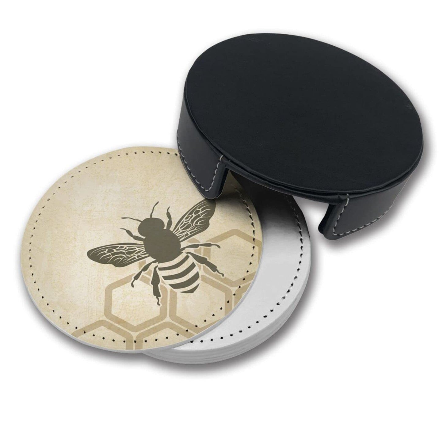 Vintage Bee Leather Drinks Coasters with Holder Set of 6, Suitable for Kinds of Cups