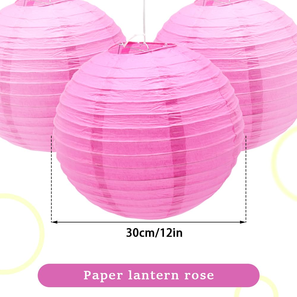 Ruidee 6Pcs Paper Lanterns Decorative Round Hanging Paper Lanterns for Birthday, Wedding, Christmas Xmas, Bridal, Home Decor, Party Decoration（12in/Rose）