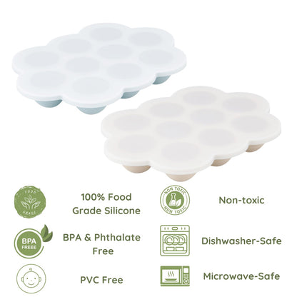 PandaEar 2 Pack Baby Food Freezer Tray with Lids, Silicone Baby Food Storage Container for Homemade Baby Food, Fruit, Purees and Breastmilk (Blue/Tan)