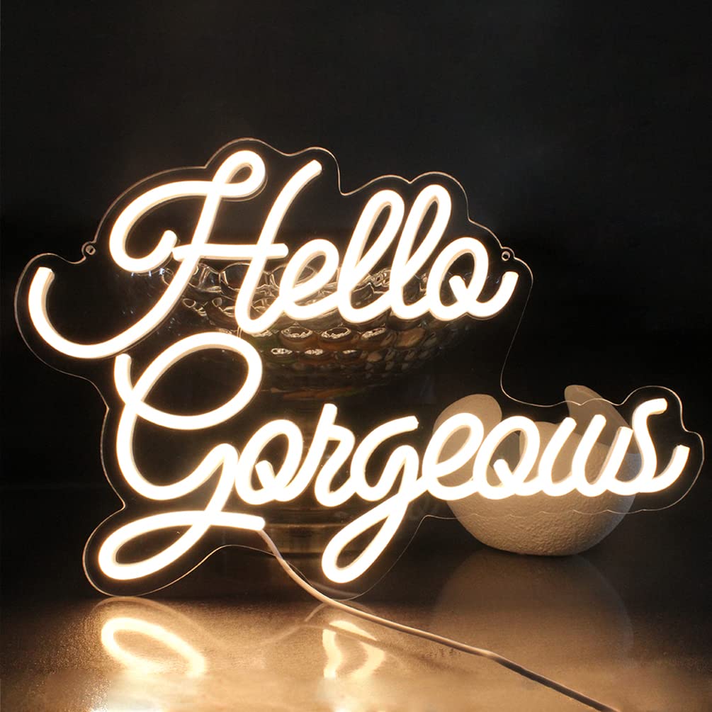 DAKABUKA Hello Gorgeous Neon Signs Hello Beautiful Warm White LED Light for Bedroom Wedding Birthday Backdrop Bacelorette Party Wth Dimmable Switch(5V,16.5X11inches)